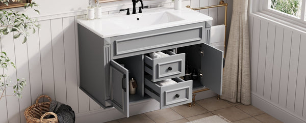 English Elm 36 Inch Floating Bathroom Vanity French Style Ceramic Sink Soft Close Storage Cabinet Gray N710P458414E