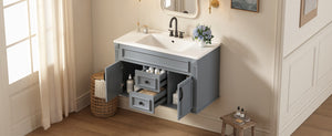 English Elm 36 Inch Floating Bathroom Vanity French Style Ceramic Sink Soft Close Storage Cabinet Gray N710P458414E