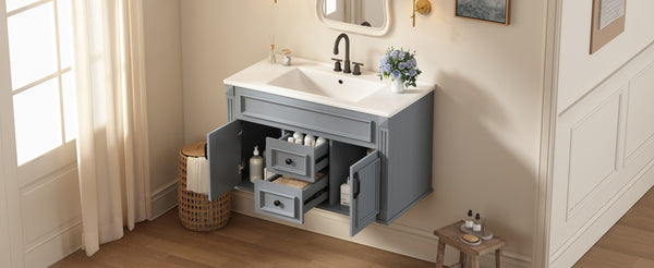 English Elm 36 Inch Floating Bathroom Vanity French Style Ceramic Sink Soft Close Storage Cabinet Gray N710P458414E