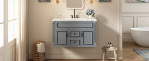 English Elm 36 Inch Floating Bathroom Vanity French Style Ceramic Sink Soft Close Storage Cabinet Gray N710P458414E