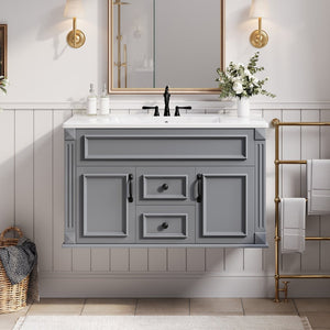 English Elm 36 Inch Floating Bathroom Vanity French Style Ceramic Sink Soft Close Storage Cabinet Gray N710P458414E