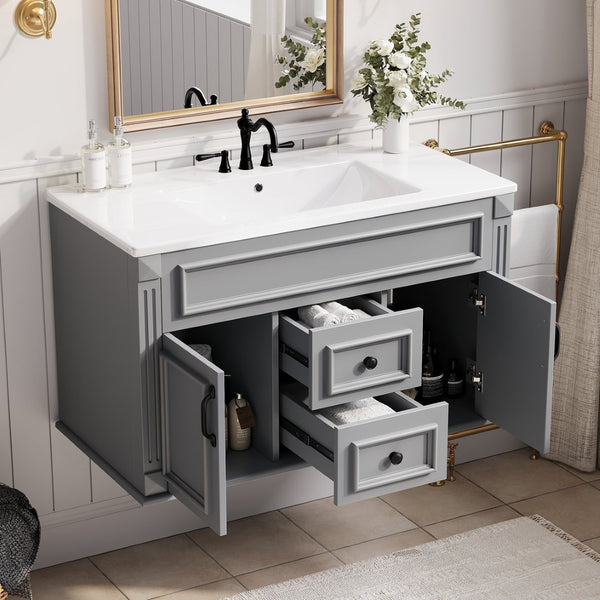English Elm 36 Inch Floating Bathroom Vanity French Style Ceramic Sink Soft Close Storage Cabinet Gray N710P458414E