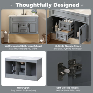 English Elm 36 Inch Floating Bathroom Vanity French Style Ceramic Sink Soft Close Storage Cabinet Gray N710P458414E