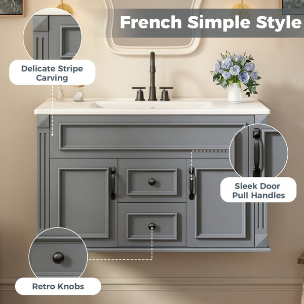 English Elm 36 Inch Floating Bathroom Vanity French Style Ceramic Sink Soft Close Storage Cabinet Gray N710P458414E