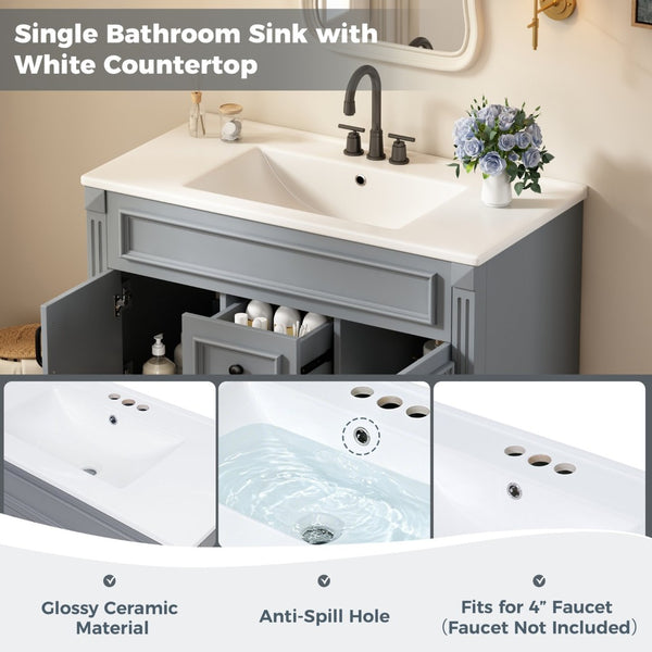 English Elm 36 Inch Floating Bathroom Vanity French Style Ceramic Sink Soft Close Storage Cabinet Gray N710P458414E