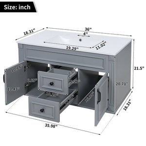 English Elm 36 Inch Floating Bathroom Vanity French Style Ceramic Sink Soft Close Storage Cabinet Gray N710P458414E