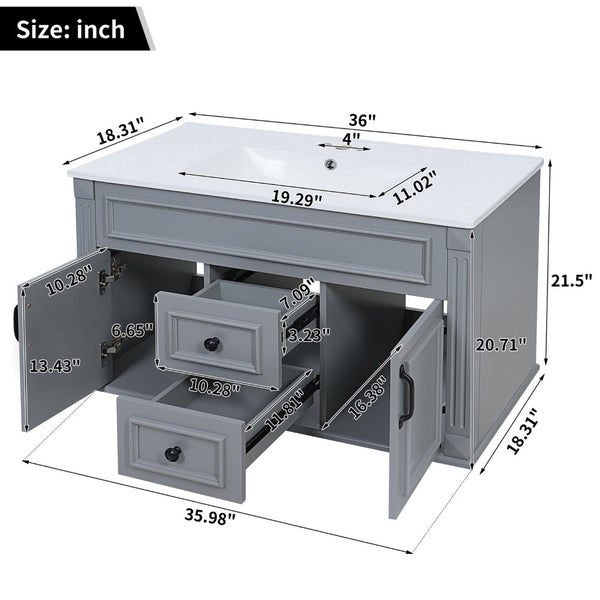 English Elm 36 Inch Floating Bathroom Vanity French Style Ceramic Sink Soft Close Storage Cabinet Gray N710P458414E