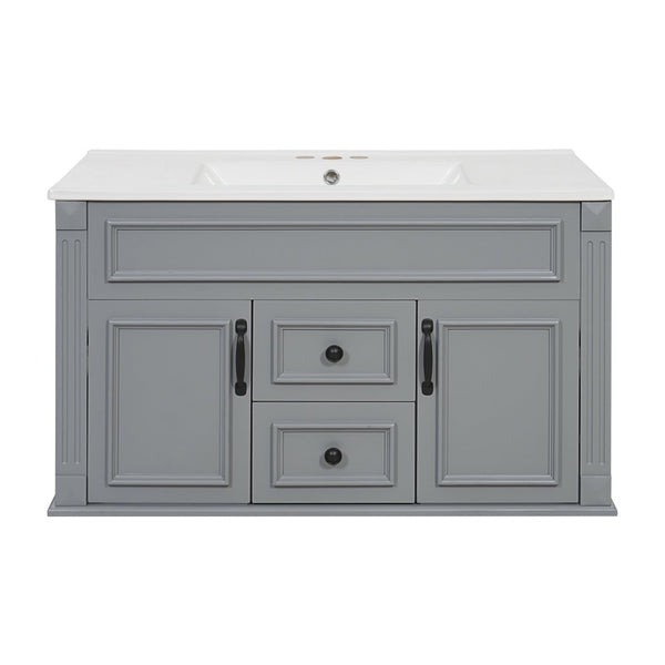 English Elm 36 Inch Floating Bathroom Vanity French Style Ceramic Sink Soft Close Storage Cabinet Gray N710P458414E