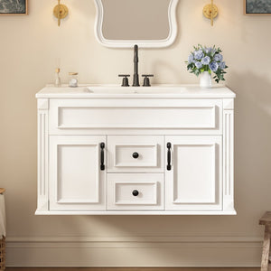 English Elm 36 Inch Floating Bathroom Vanity French Style Ceramic Sink Soft Close Storage Cabinet White N710P458414K