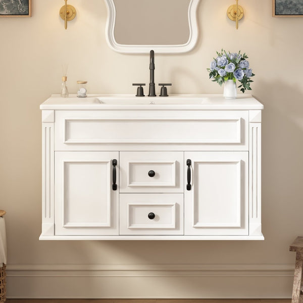 English Elm 36 Inch Floating Bathroom Vanity French Style Ceramic Sink Soft Close Storage Cabinet White N710P458414K