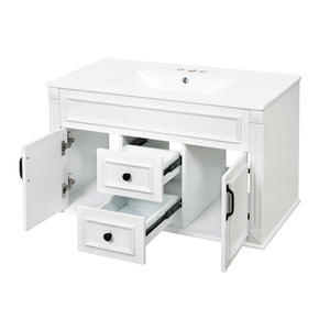 English Elm 36 Inch Floating Bathroom Vanity French Style Ceramic Sink Soft Close Storage Cabinet White N710P458414K