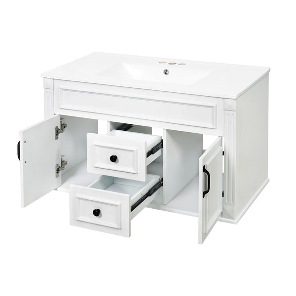 English Elm 36 Inch Floating Bathroom Vanity French Style Ceramic Sink Soft Close Storage Cabinet White N710P458414K