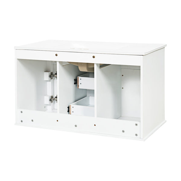 English Elm 36 Inch Floating Bathroom Vanity French Style Ceramic Sink Soft Close Storage Cabinet White N710P458414K