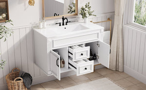 English Elm 36 Inch Floating Bathroom Vanity French Style Ceramic Sink Soft Close Storage Cabinet White N710P458414K