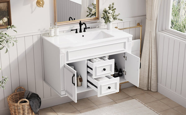 English Elm 36 Inch Floating Bathroom Vanity French Style Ceramic Sink Soft Close Storage Cabinet White N710P458414K