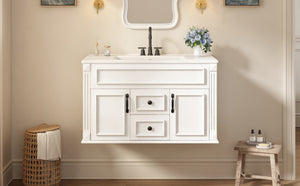 English Elm 36 Inch Floating Bathroom Vanity French Style Ceramic Sink Soft Close Storage Cabinet White N710P458414K