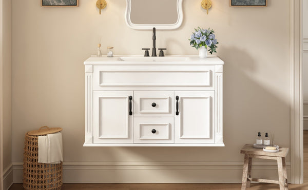 English Elm 36 Inch Floating Bathroom Vanity French Style Ceramic Sink Soft Close Storage Cabinet White N710P458414K