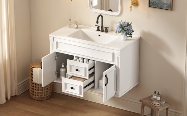 English Elm 36 Inch Floating Bathroom Vanity French Style Ceramic Sink Soft Close Storage Cabinet White N710P458414K