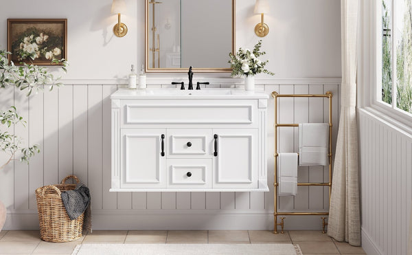 English Elm 36 Inch Floating Bathroom Vanity French Style Ceramic Sink Soft Close Storage Cabinet White N710P458414K