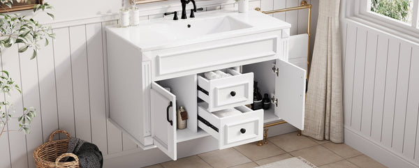 English Elm 36 Inch Floating Bathroom Vanity French Style Ceramic Sink Soft Close Storage Cabinet White N710P458414K