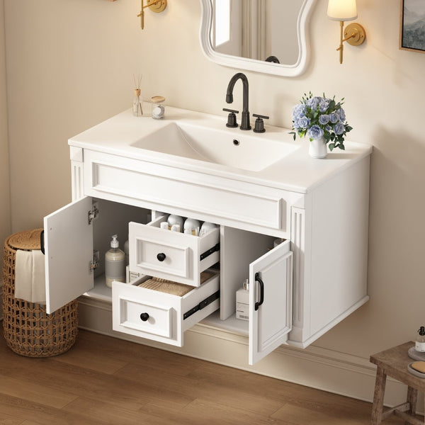 English Elm 36 Inch Floating Bathroom Vanity French Style Ceramic Sink Soft Close Storage Cabinet White N710P458414K