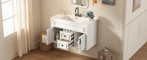 English Elm 36 Inch Floating Bathroom Vanity French Style Ceramic Sink Soft Close Storage Cabinet White N710P458414K