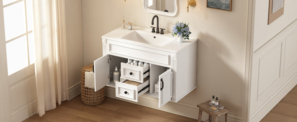 English Elm 36 Inch Floating Bathroom Vanity French Style Ceramic Sink Soft Close Storage Cabinet White N710P458414K