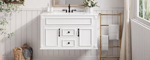 English Elm 36 Inch Floating Bathroom Vanity French Style Ceramic Sink Soft Close Storage Cabinet White N710P458414K
