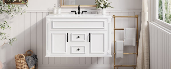 English Elm 36 Inch Floating Bathroom Vanity French Style Ceramic Sink Soft Close Storage Cabinet White N710P458414K
