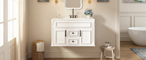 English Elm 36 Inch Floating Bathroom Vanity French Style Ceramic Sink Soft Close Storage Cabinet White N710P458414K