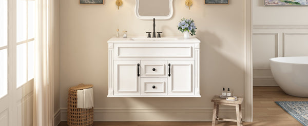 English Elm 36 Inch Floating Bathroom Vanity French Style Ceramic Sink Soft Close Storage Cabinet White N710P458414K