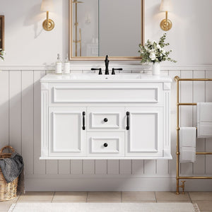 English Elm 36 Inch Floating Bathroom Vanity French Style Ceramic Sink Soft Close Storage Cabinet White N710P458414K