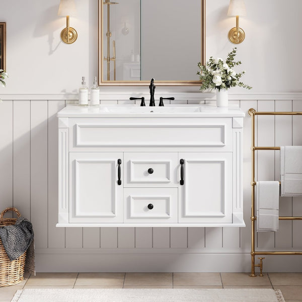 English Elm 36 Inch Floating Bathroom Vanity French Style Ceramic Sink Soft Close Storage Cabinet White N710P458414K