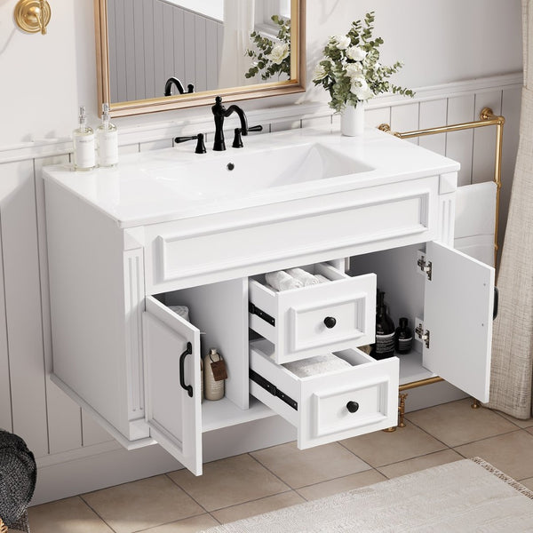 English Elm 36 Inch Floating Bathroom Vanity French Style Ceramic Sink Soft Close Storage Cabinet White N710P458414K