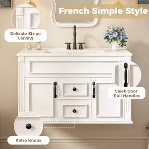 English Elm 36 Inch Floating Bathroom Vanity French Style Ceramic Sink Soft Close Storage Cabinet White N710P458414K