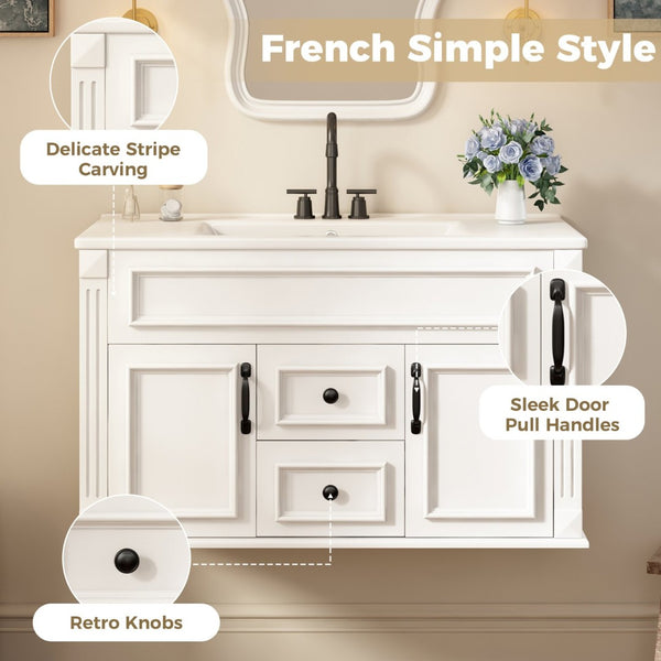 English Elm 36 Inch Floating Bathroom Vanity French Style Ceramic Sink Soft Close Storage Cabinet White N710P458414K