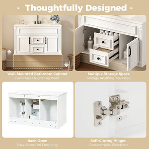 English Elm 36 Inch Floating Bathroom Vanity French Style Ceramic Sink Soft Close Storage Cabinet White N710P458414K