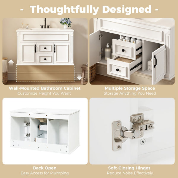 English Elm 36 Inch Floating Bathroom Vanity French Style Ceramic Sink Soft Close Storage Cabinet White N710P458414K
