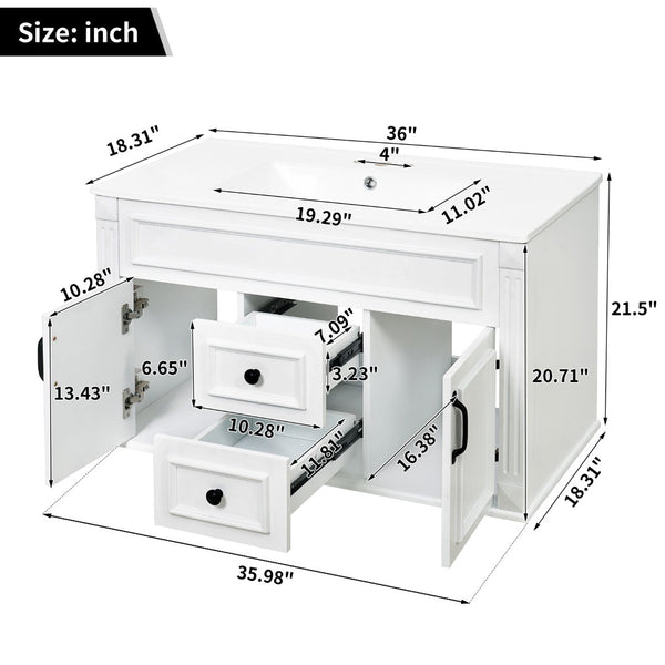 English Elm 36 Inch Floating Bathroom Vanity French Style Ceramic Sink Soft Close Storage Cabinet White N710P458414K