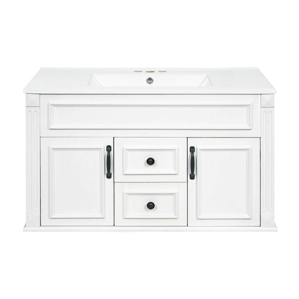 English Elm 36 Inch Floating Bathroom Vanity French Style Ceramic Sink Soft Close Storage Cabinet White N710P458414K