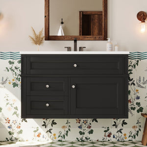 English Elm 36'' Floating Bathroom Vanity with Ceramic Sink Poplar Wood Cabinet and Iron Knobs Black N710P458416B