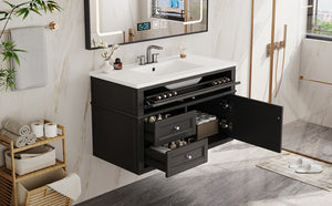 English Elm 36'' Floating Bathroom Vanity with Ceramic Sink Poplar Wood Cabinet and Iron Knobs Black N710P458416B