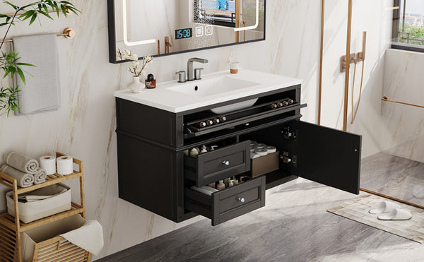 English Elm 36'' Floating Bathroom Vanity with Ceramic Sink Poplar Wood Cabinet and Iron Knobs Black N710P458416B
