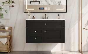 English Elm 36'' Floating Bathroom Vanity with Ceramic Sink Poplar Wood Cabinet and Iron Knobs Black N710P458416B