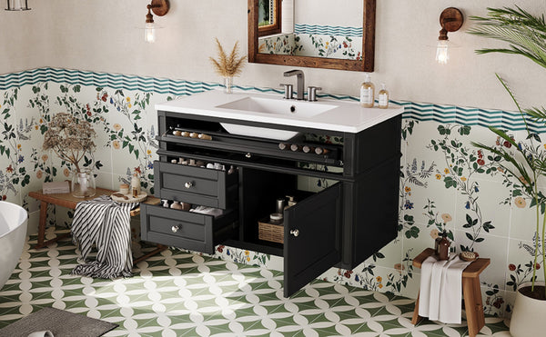 English Elm 36'' Floating Bathroom Vanity with Ceramic Sink Poplar Wood Cabinet and Iron Knobs Black N710P458416B