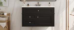 English Elm 36'' Floating Bathroom Vanity with Ceramic Sink Poplar Wood Cabinet and Iron Knobs Black N710P458416B