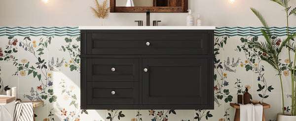 English Elm 36'' Floating Bathroom Vanity with Ceramic Sink Poplar Wood Cabinet and Iron Knobs Black N710P458416B