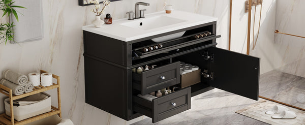 English Elm 36'' Floating Bathroom Vanity with Ceramic Sink Poplar Wood Cabinet and Iron Knobs Black N710P458416B