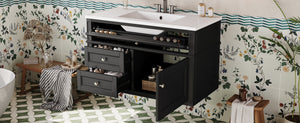 English Elm 36'' Floating Bathroom Vanity with Ceramic Sink Poplar Wood Cabinet and Iron Knobs Black N710P458416B
