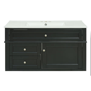 English Elm 36'' Floating Bathroom Vanity with Ceramic Sink Poplar Wood Cabinet and Iron Knobs Black N710P458416B
